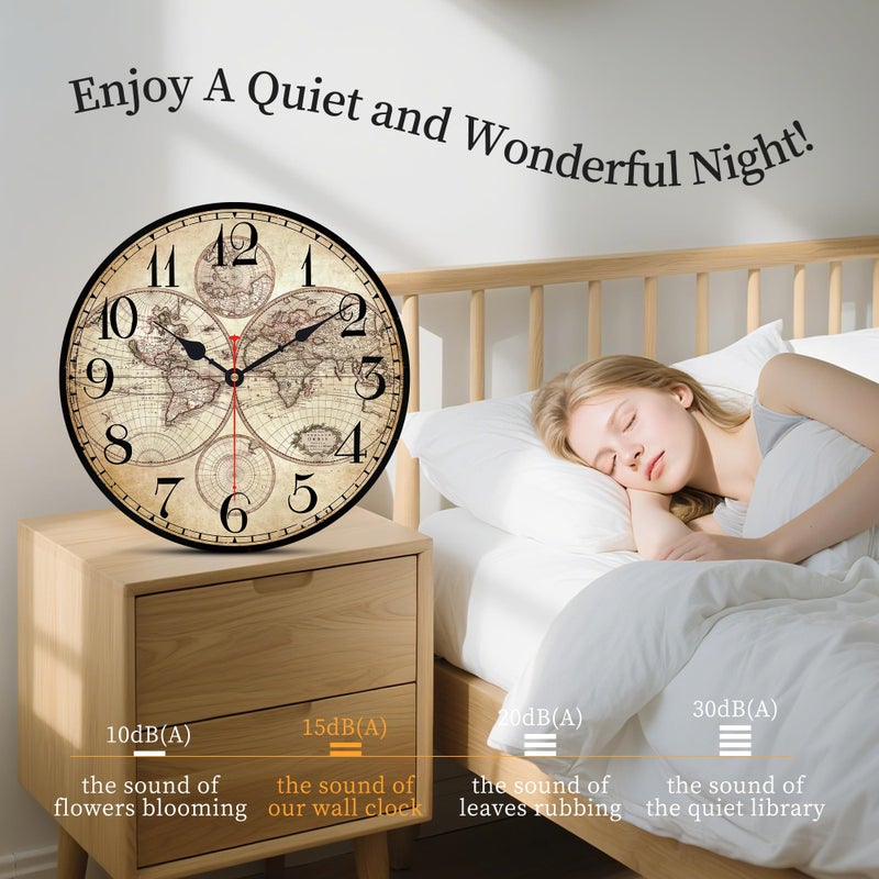 Toudorp 14 Inch Wooden Wall Clock Globe World Map Retro Vintage Rustic Wall Clocks Silent Non Ticking Clock Decorative for Kitchen Farmhouse Hotel - Image 5