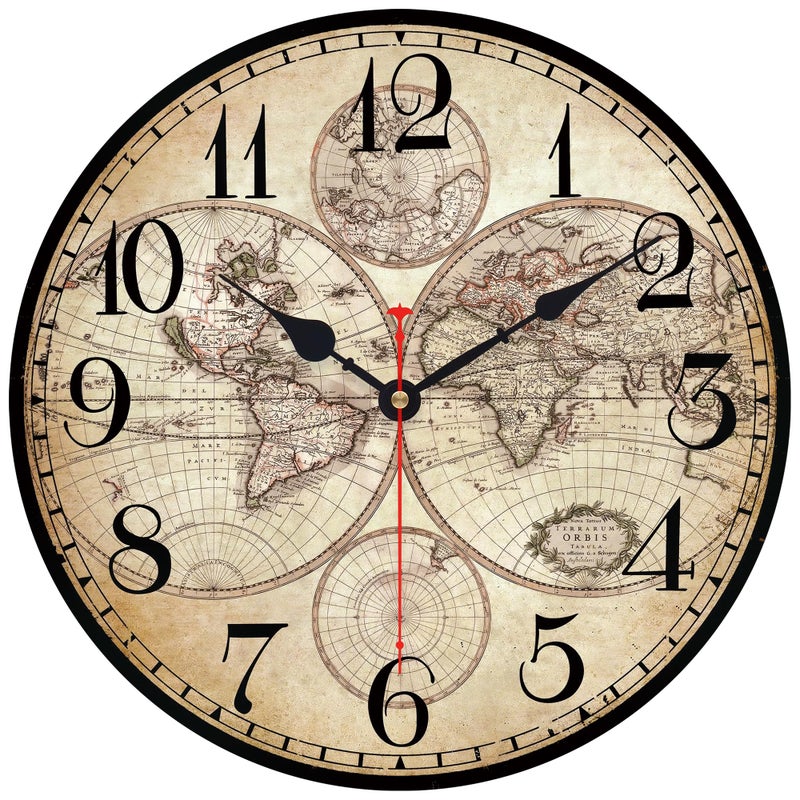 Toudorp 14 Inch Wooden Wall Clock Globe World Map Retro Vintage Rustic Wall Clocks Silent Non Ticking Clock Decorative for Kitchen Farmhouse Hotel - Image 1