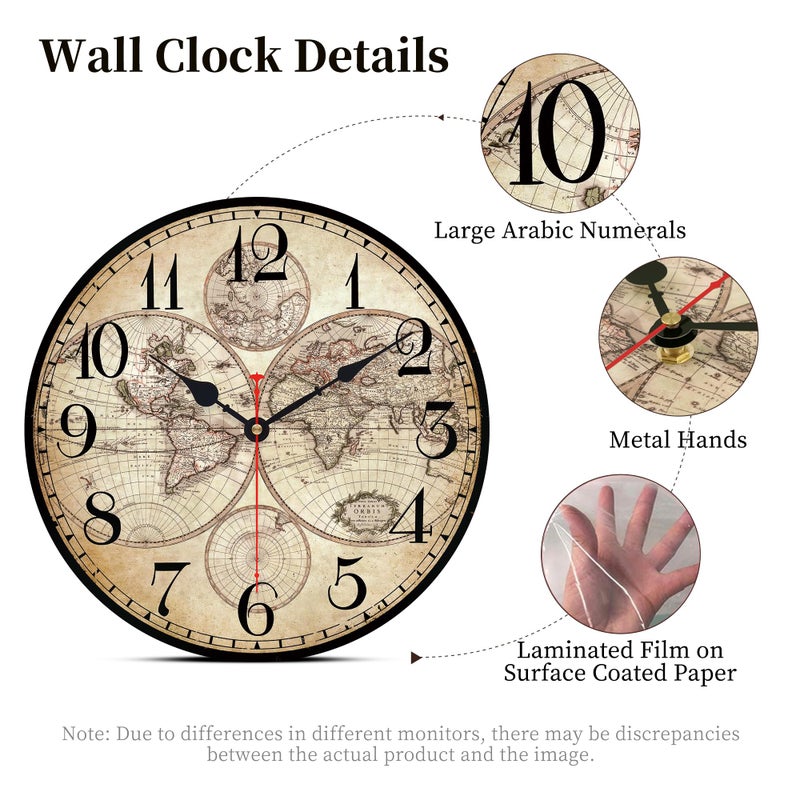 Toudorp 14 Inch Wooden Wall Clock Globe World Map Retro Vintage Rustic Wall Clocks Silent Non Ticking Clock Decorative for Kitchen Farmhouse Hotel - Image 3