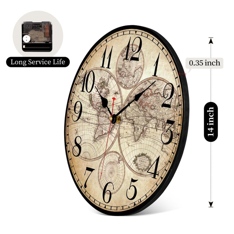 Toudorp 14 Inch Wooden Wall Clock Globe World Map Retro Vintage Rustic Wall Clocks Silent Non Ticking Clock Decorative for Kitchen Farmhouse Hotel - Image 2