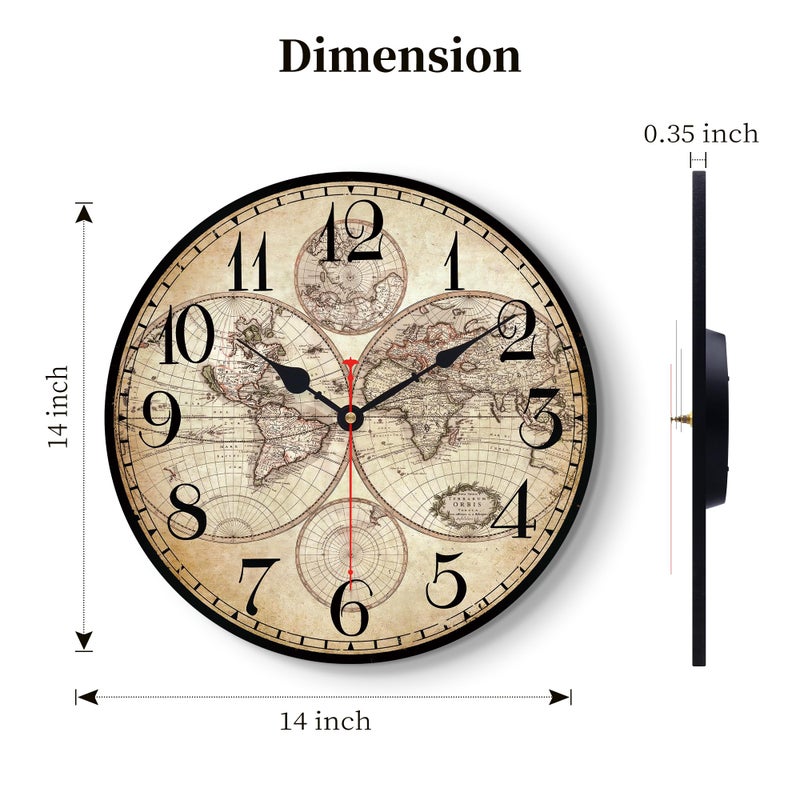 Toudorp 14 Inch Wooden Wall Clock Globe World Map Retro Vintage Rustic Wall Clocks Silent Non Ticking Clock Decorative for Kitchen Farmhouse Hotel - Image 4