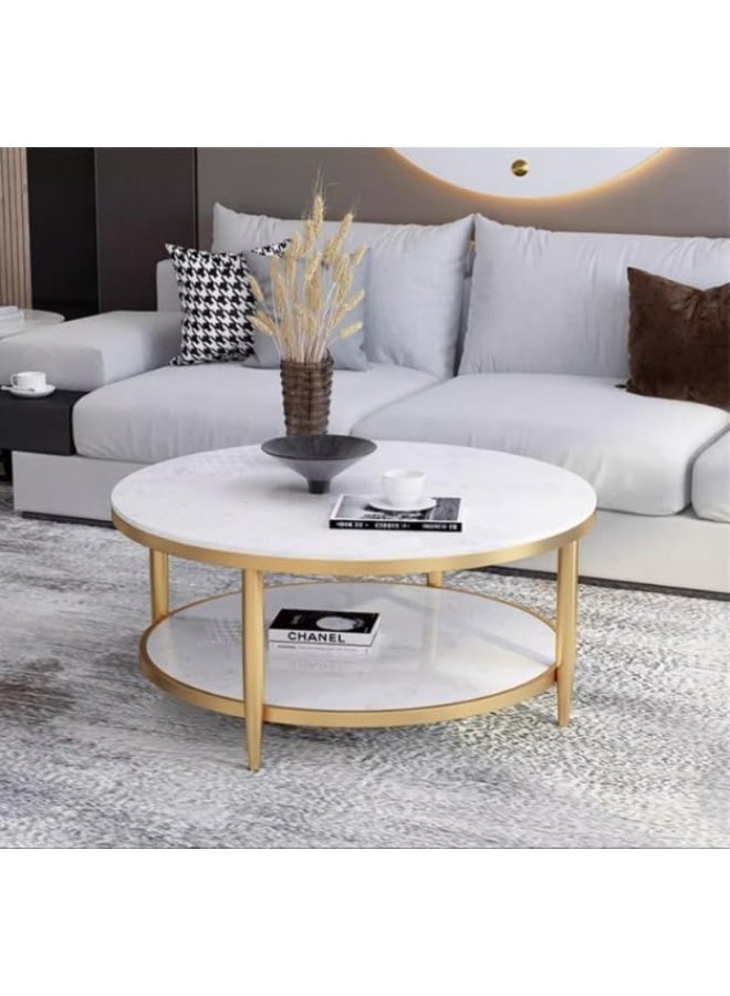 YINZUO Coffee Table, 2-Tier Round Table with Natural White Marble Top and Black Gold Metal Frame – No Assembly Required, Durable Welded Structure (Matt Gold, 80 cm) - Image 3