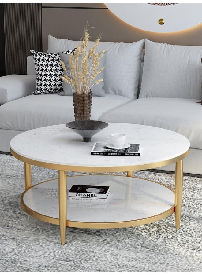 YINZUO Coffee Table, 2-Tier Round Table with Natural White Marble Top and Black Gold Metal Frame – No Assembly Required, Durable Welded Structure (Matt Gold, 80 cm) - Image 5