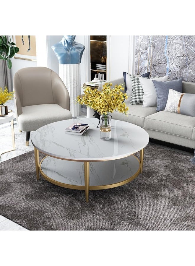YINZUO Coffee Table, 2-Tier Round Table with Natural White Marble Top and Black Gold Metal Frame – No Assembly Required, Durable Welded Structure (Matt Gold, 80 cm) - Image 1