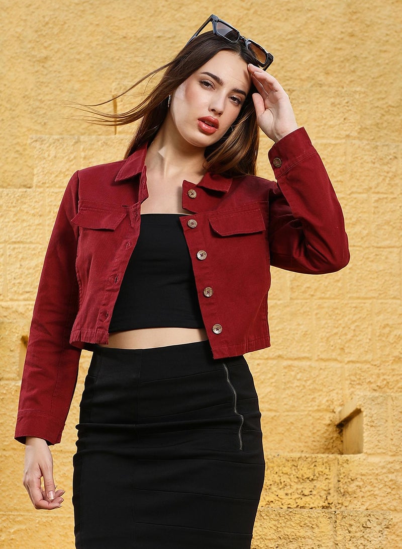 كامبوس سوترا Women's Burgundy Red Button-Front Crop Jacket  - Image 3