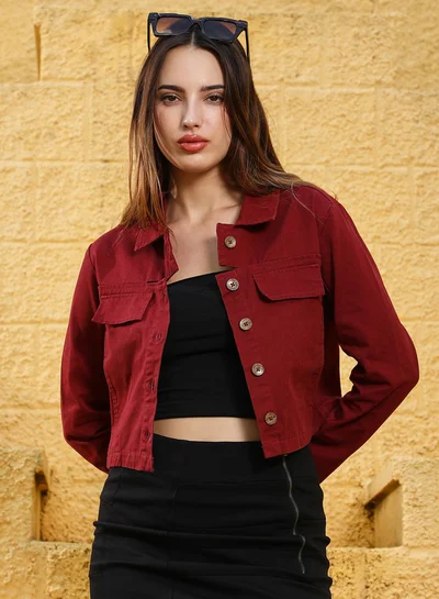 Campus Sutra Women's Burgundy Red Button-Front Crop Jacket