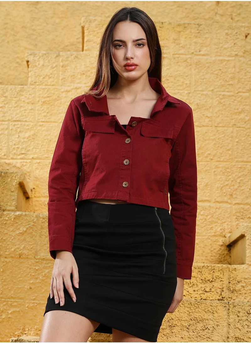 كامبوس سوترا Women's Burgundy Red Button-Front Crop Jacket