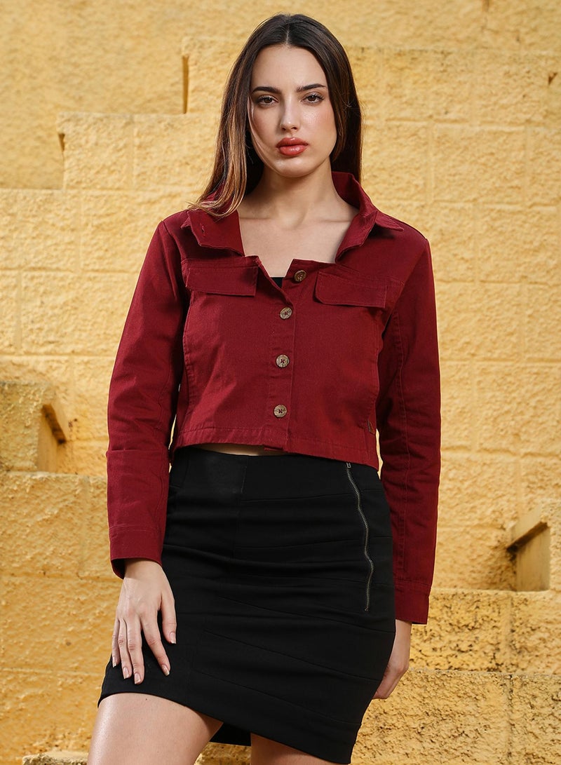 كامبوس سوترا Women's Burgundy Red Button-Front Crop Jacket  - Image 2