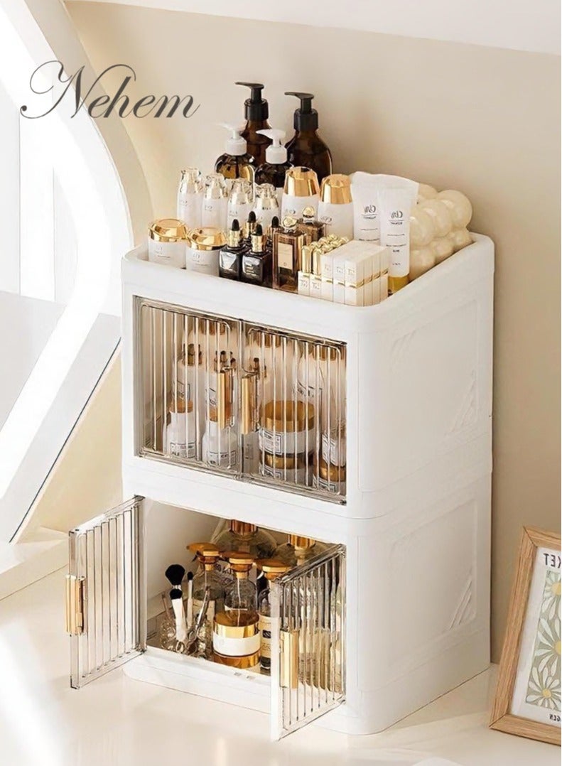 نيم منظم مكياج، منظم عطور، منظمات المكياج وعطور ومكياج قابل للطي - صندوق تخزين بسعة كبيرة لمستحضرات التجميل والإكسسوارات وتخزين مكياج، مقاوم للغبار مع مساحة مخصصة لأحمر الشفاه والأقنعة | منظم تسريحة وتنظيم تسريحه تخزين أنيق لطاولة المكياج - Image 3