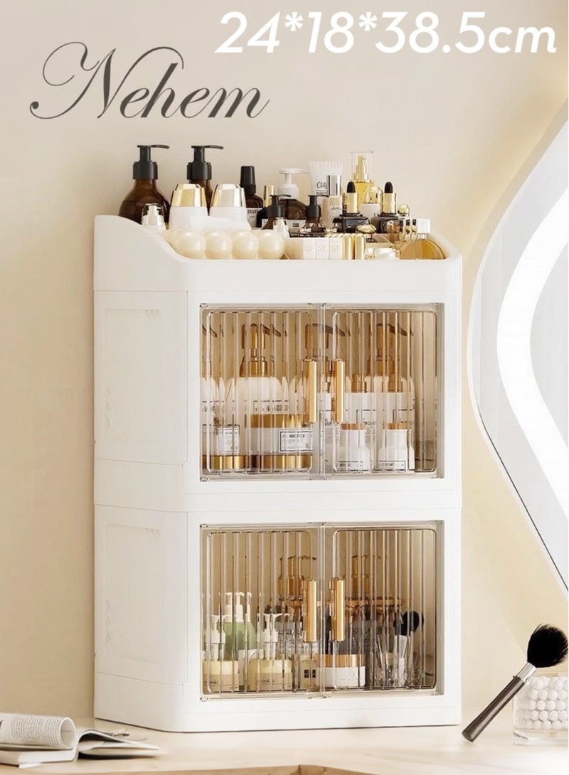 نيم منظم مكياج، منظم عطور، منظمات المكياج وعطور ومكياج قابل للطي - صندوق تخزين بسعة كبيرة لمستحضرات التجميل والإكسسوارات وتخزين مكياج، مقاوم للغبار مع مساحة مخصصة لأحمر الشفاه والأقنعة | منظم تسريحة وتنظيم تسريحه تخزين أنيق لطاولة المكياج - Image 1