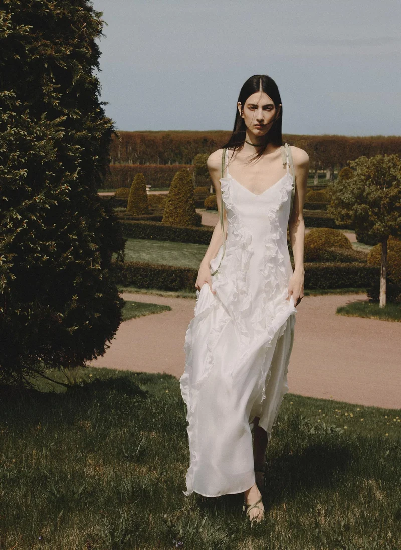 Lichi Satin maxi slip dress with small ruffles