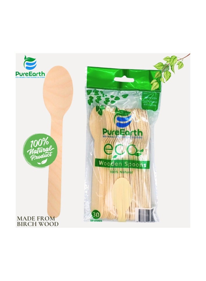 PureEarth PureEarth Wooden Spoon – 160mm (30 Pieces) | 100% Natural Birch Wood | Eco-Friendly & Biodegradable  - Image 1