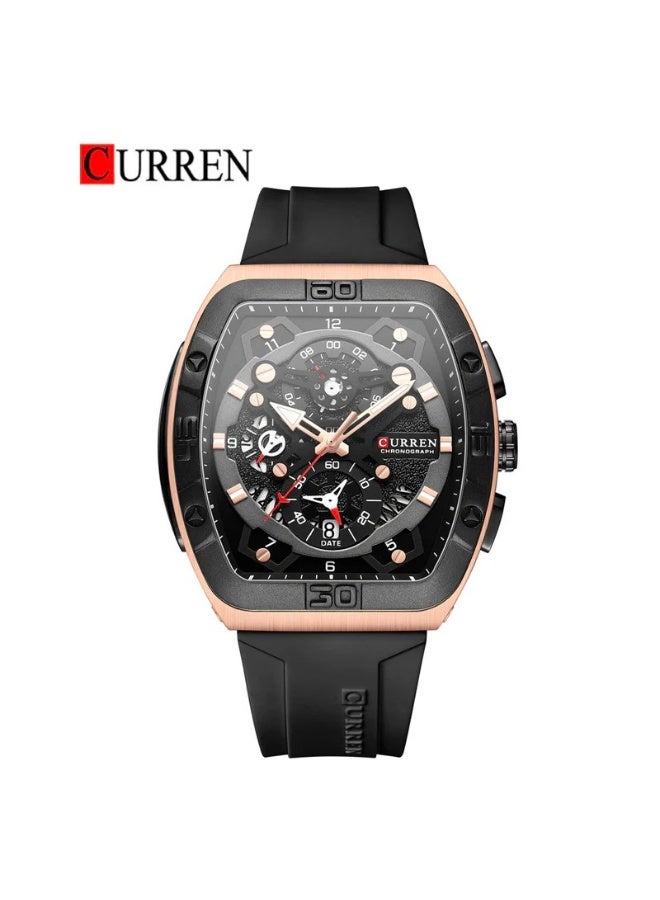 CURREN ساعة كيرين 8443 للرجال كوارتز رياضية بحزام سيليكون هيكل سبيكة تصميم عصري ساعة يد متعددة الوظائف زجاج مقاوم للخدش 3ATM عرض مضيء كرونوغراف تقويم تاريخ ساعات سوداء - Image 1