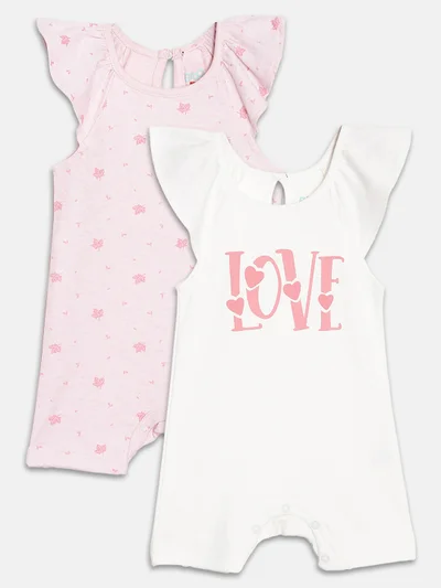 Broon Broon Infant Girls White and Pink Printed Organic Cotton Rompers Pack of 2
