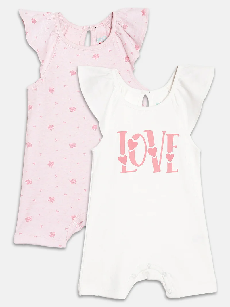 Broon Broon Infant Girls White and Pink Printed Organic Cotton Rompers Pack of 2