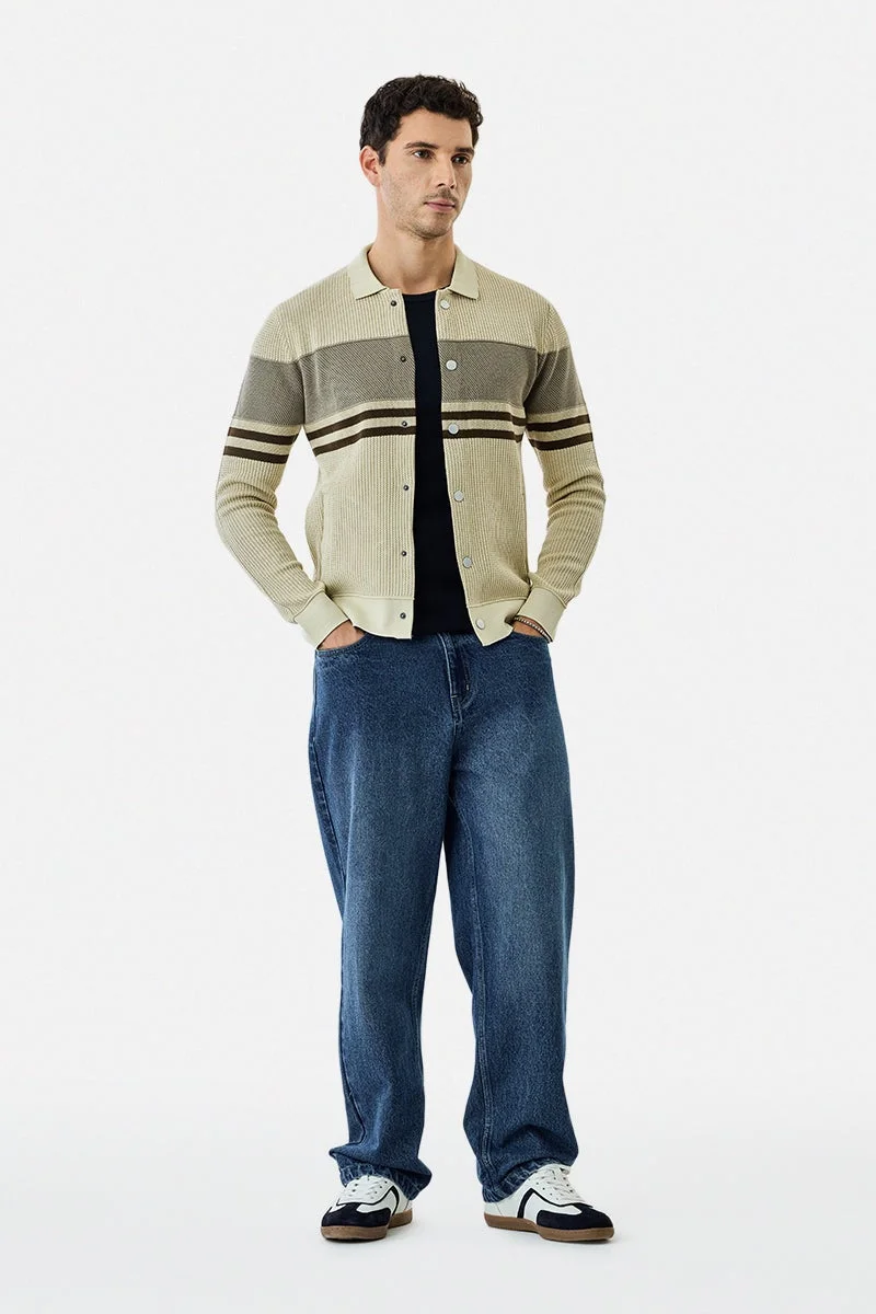 سنيتش Beige Colour Blocked Long Sleeve Regular Fit Sweater