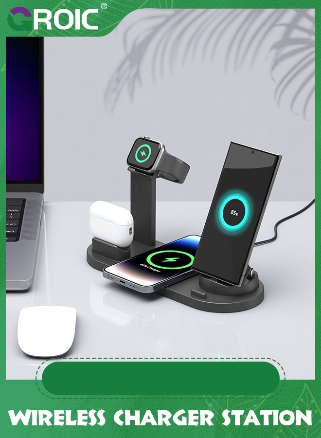 GROIC Black Wireless Charger, 6 in 1 Wireless Fast Charging Station for Apple Watch/AirPods Pro/iPhone Samsung S20/S10, Charging Dock Station for Other Qi Phones - Image 2