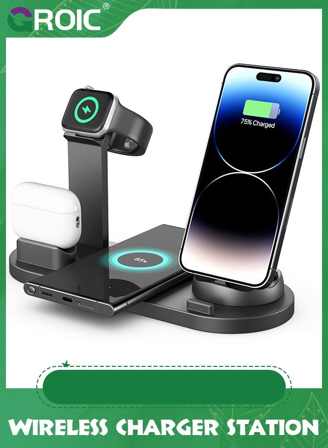 GROIC Black Wireless Charger, 6 in 1 Wireless Fast Charging Station for Apple Watch/AirPods Pro/iPhone Samsung S20/S10, Charging Dock Station for Other Qi Phones - Image 1