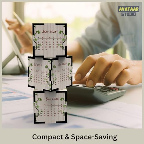 AVATAAR STUDIO Rotating Cube Desk Calendar 2026 Creative Wooden Table Calendar Office Reception Decor Corporate and Personal Gifting Perpetual Style 3D Cube Calendar - Image 5