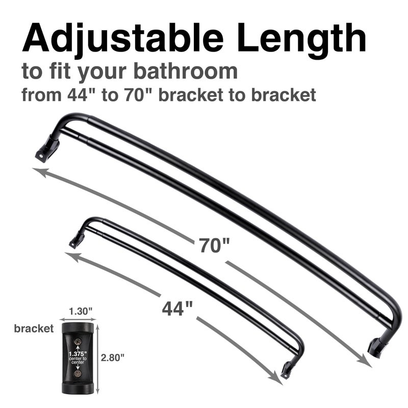 JS Jackson Supplies Double Curved Shower Rod, Metal Construction, Adjustable Between 44 to 70 Inches, Aluminum Rods and Zinc Mounting Hardware, Quality Modern Bathware, Black Finish - Image 5