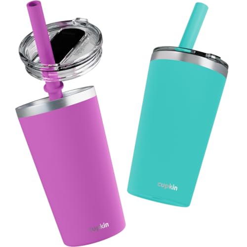 CUPKIN Toddler Tumblers, The Original 12 oz Stackable Stainless Steel Cups, Set of 2 Powder Coated Insulated Kids Water Bottle Alternative + BPA Free Lids + Reusable Silicone Straws (Green + Pink) - Image 1