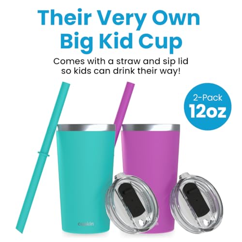 CUPKIN Toddler Tumblers, The Original 12 oz Stackable Stainless Steel Cups, Set of 2 Powder Coated Insulated Kids Water Bottle Alternative + BPA Free Lids + Reusable Silicone Straws (Green + Pink) - Image 2