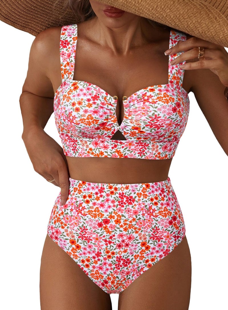Herseas Women's 2 Piece High Waisted Modest Bikini Sets Chic Floral Print U Wire Cutout Swimsuits Tummy Control Push Up Wide Straps Bathing Suit Sporty Summer Vacation Essentials Coral Floral Medium - Image 1