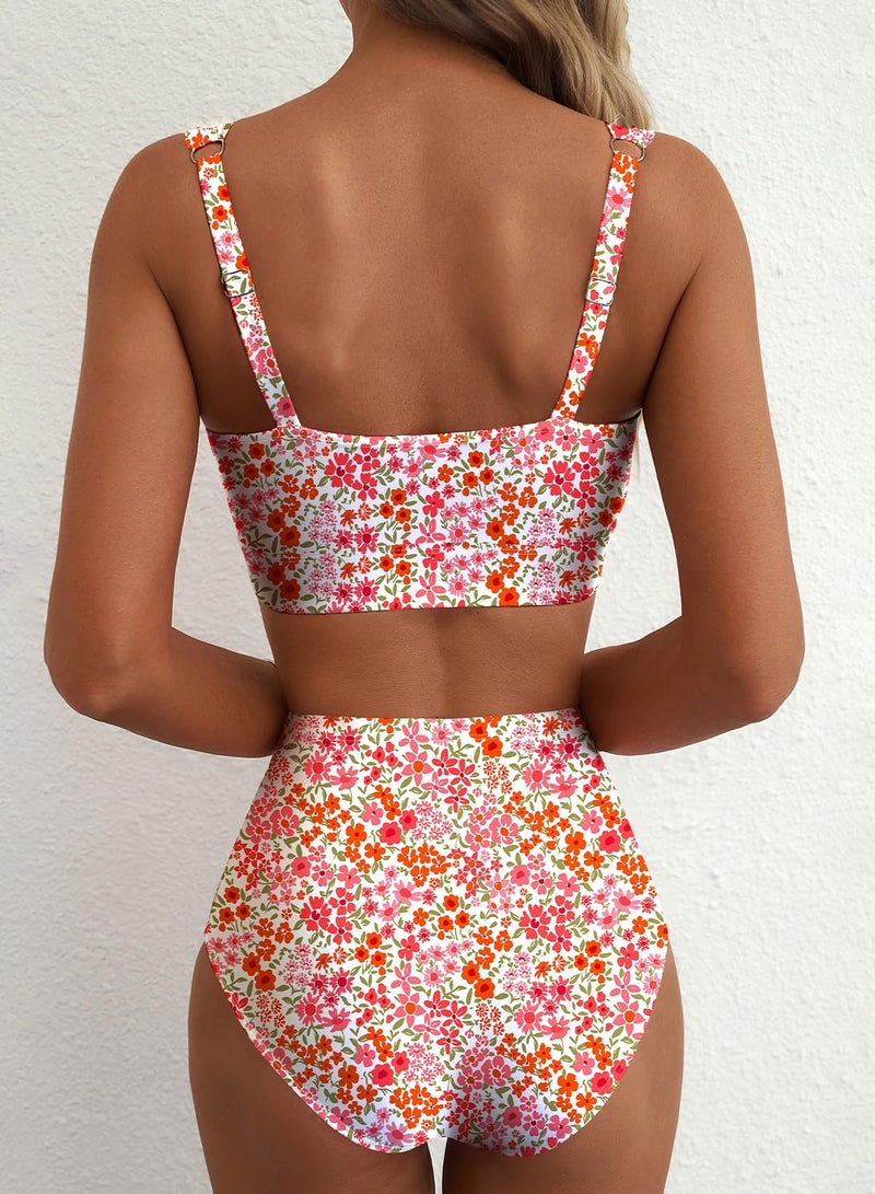 Herseas Women's 2 Piece High Waisted Modest Bikini Sets Chic Floral Print U Wire Cutout Swimsuits Tummy Control Push Up Wide Straps Bathing Suit Sporty Summer Vacation Essentials Coral Floral Medium - Image 4