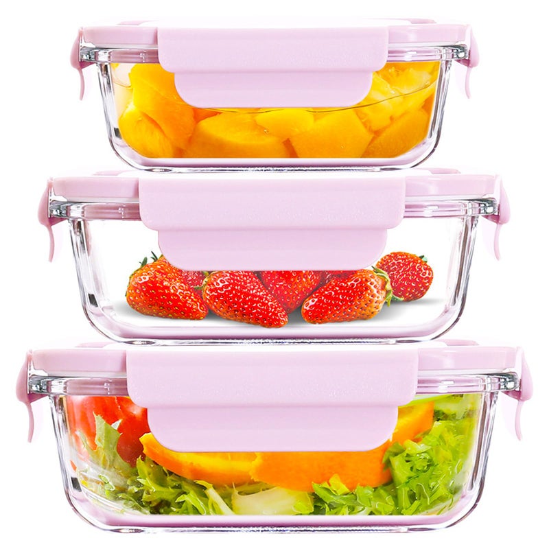 ATRDTO 6 Pieces Rectangle Glass Food Storage Containers with Lids, Meal Prep Containers for Food Storage, BPA Free & Leak Proof (3 lids & 3 Containers) 13.9oz, 24oz, 35oz (Pink) - Image 1