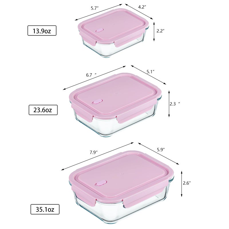 ATRDTO 6 Pieces Rectangle Glass Food Storage Containers with Lids, Meal Prep Containers for Food Storage, BPA Free & Leak Proof (3 lids & 3 Containers) 13.9oz, 24oz, 35oz (Pink) - Image 2