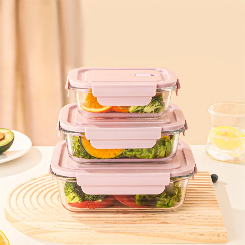 ATRDTO 6 Pieces Rectangle Glass Food Storage Containers with Lids, Meal Prep Containers for Food Storage, BPA Free & Leak Proof (3 lids & 3 Containers) 13.9oz, 24oz, 35oz (Pink) - Image 4