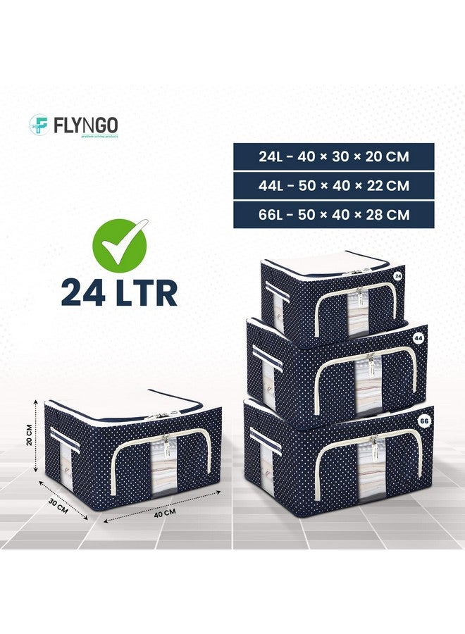 FLYNGO FLYNGO Foldable Steel Frame Clothes Organizer Storage Box For Wardrobe, Saree, Shirts, And Blankets (24 Ltr - Pack Of 4, Oxford Fabric), Blue  - Image 3