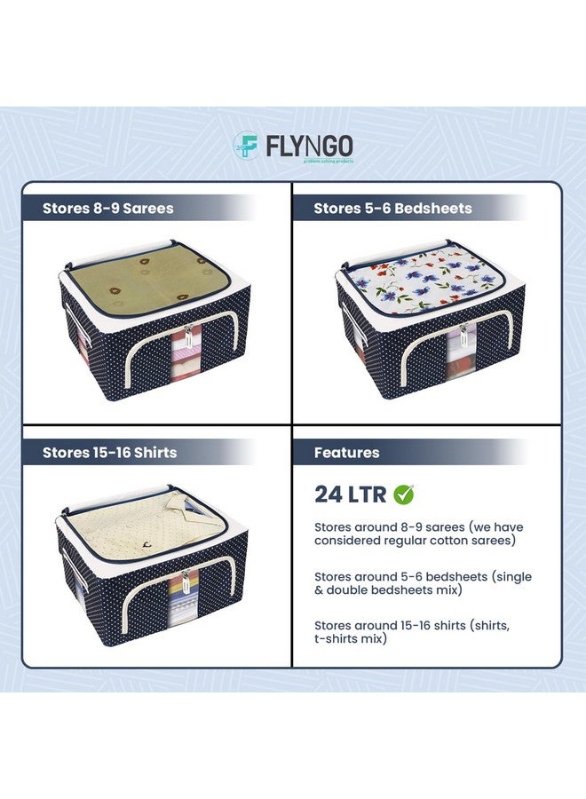 FLYNGO FLYNGO Foldable Steel Frame Clothes Organizer Storage Box For Wardrobe, Saree, Shirts, And Blankets (24 Ltr - Pack Of 4, Oxford Fabric), Blue  - Image 4