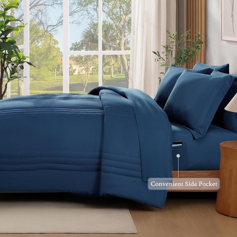 Monbix King Size Comforter Set - 7 Pieces Serenity Blue Bed in a Bag, King Size Bedding Sets with Comforters, All Seasons Comforter with Sheets,Pillowcases & Shams - Image 3