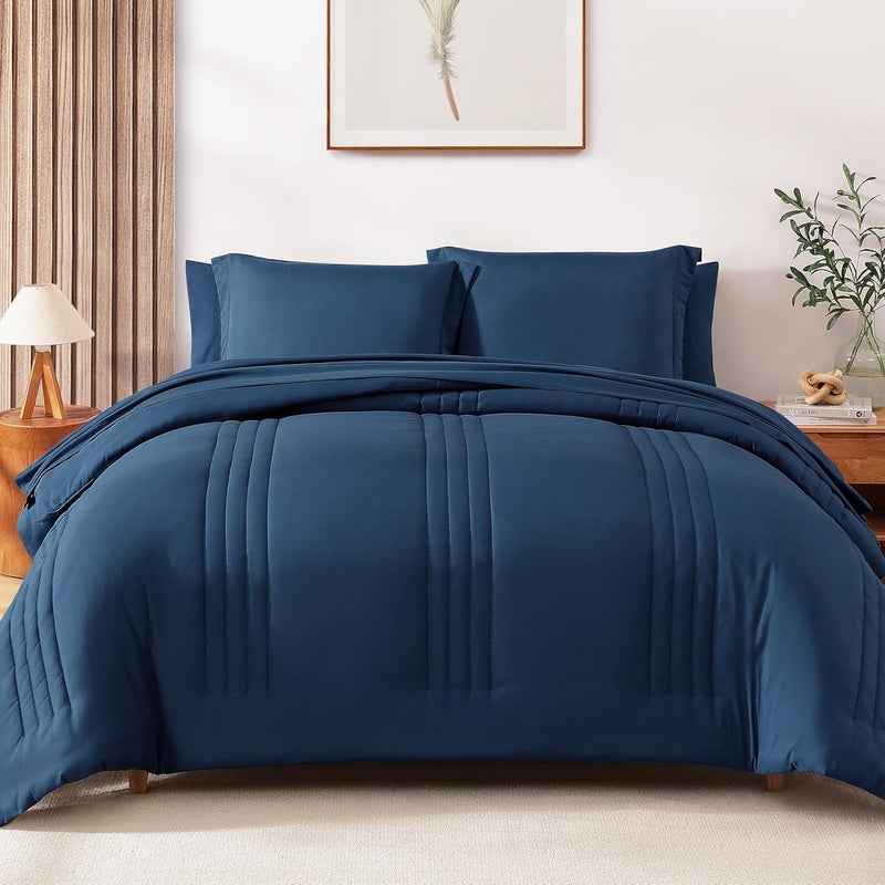 Monbix King Size Comforter Set - 7 Pieces Serenity Blue Bed in a Bag, King Size Bedding Sets with Comforters, All Seasons Comforter with Sheets,Pillowcases & Shams - Image 1
