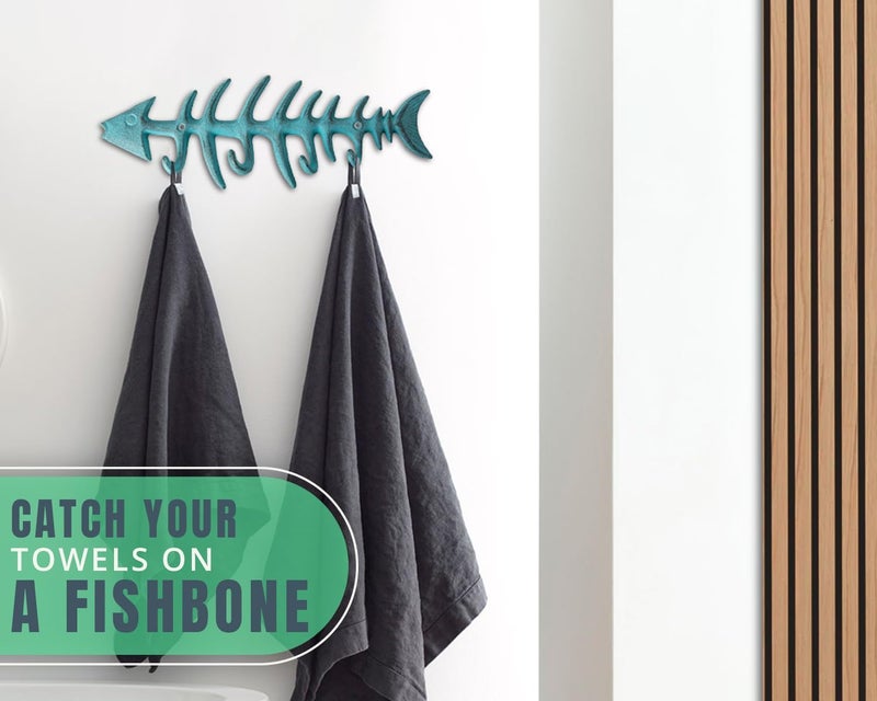 Comfify Decorative Fish Bones Wall Mounted Towel Rack Stylish Cast Iron Hanger w/4 Fish Hooks | Includes Screws and Anchors - Fish Bones Towel Hanger - Teal Blue - Image 5