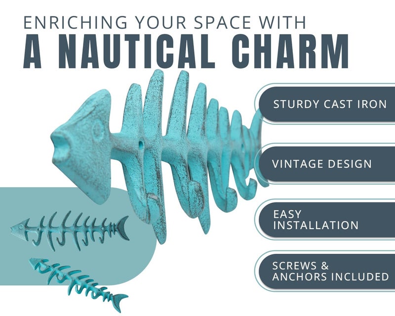 Comfify Decorative Fish Bones Wall Mounted Towel Rack Stylish Cast Iron Hanger w/4 Fish Hooks | Includes Screws and Anchors - Fish Bones Towel Hanger - Teal Blue - Image 2