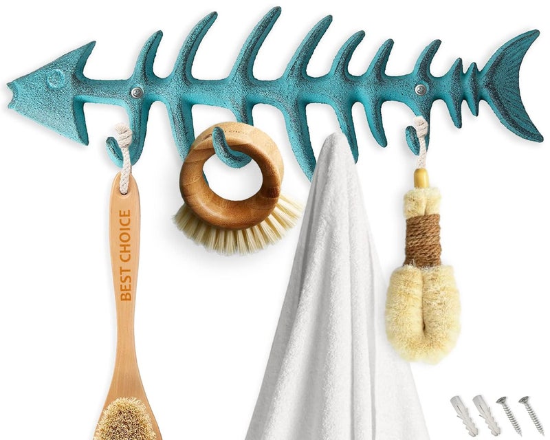 Comfify Decorative Fish Bones Wall Mounted Towel Rack Stylish Cast Iron Hanger w/4 Fish Hooks | Includes Screws and Anchors - Fish Bones Towel Hanger - Teal Blue - Image 1