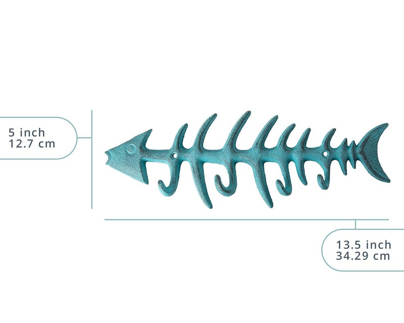 Comfify Decorative Fish Bones Wall Mounted Towel Rack Stylish Cast Iron Hanger w/4 Fish Hooks | Includes Screws and Anchors - Fish Bones Towel Hanger - Teal Blue - Image 3