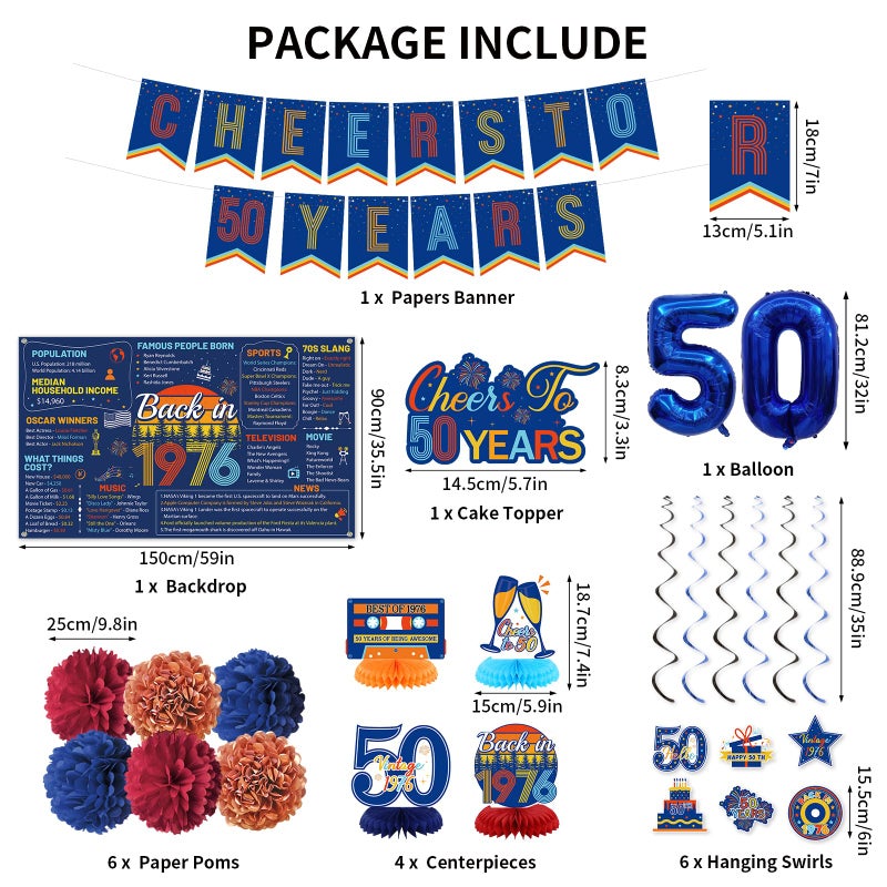 Roetyce 50th Birthday Decorations Men Women, Blue Back in 1976 Poster Cheers To 50 Years Banner Balloons Hanging Swirls Cake Topper, Vintage Funny 50 Years Old Party Supplies Photo Backdrop Background - Image 2