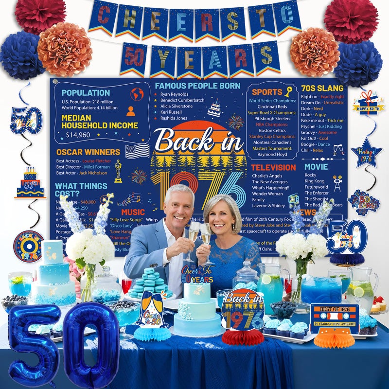 Roetyce 50th Birthday Decorations Men Women, Blue Back in 1976 Poster Cheers To 50 Years Banner Balloons Hanging Swirls Cake Topper, Vintage Funny 50 Years Old Party Supplies Photo Backdrop Background - Image 3