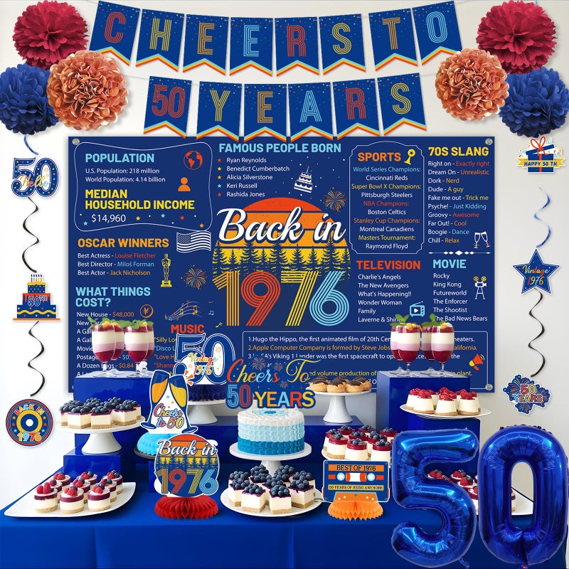 Roetyce 50th Birthday Decorations Men Women, Blue Back in 1976 Poster Cheers To 50 Years Banner Balloons Hanging Swirls Cake Topper, Vintage Funny 50 Years Old Party Supplies Photo Backdrop Background - Image 4