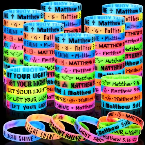 Equsion 100 Pcs Christian Let Your Light Glow in the Dark Silicone Bracelets Christian Easter Egg Fillers Religious Jesus Wristbands Bulk Party Inspirational Scripture Gift for Baptism ChurchRendering - Image 1