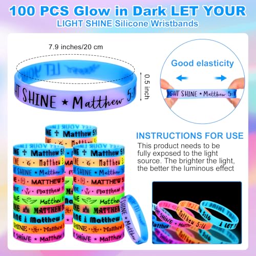 Equsion 100 Pcs Christian Let Your Light Glow in the Dark Silicone Bracelets Christian Easter Egg Fillers Religious Jesus Wristbands Bulk Party Inspirational Scripture Gift for Baptism ChurchRendering - Image 5