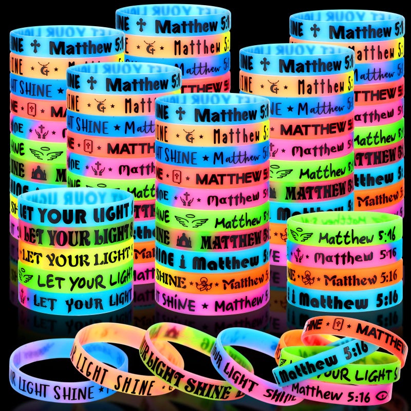 Equsion 100 Pcs Christian Let Your Light Glow in the Dark Silicone Bracelets Christian Easter Egg Fillers Religious Jesus Wristbands Bulk Party Inspirational Scripture Gift for Baptism ChurchRendering - Image 3