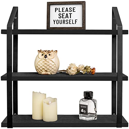 Mkono Floating Wall Shelves 3 Tier Rustic Hanging Shelf with Metal Bracket Wall Mount Wood Storage Display Shelves for Living Room Bathroom Bedroom Kitchen OfficeBlack