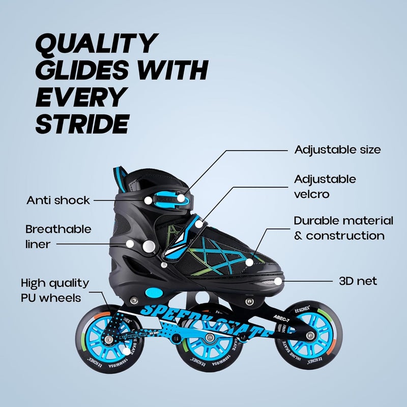 KONEX 3 Wheel Inline Skates | Adjustable PU Wheel Roller Skating Shoes for Boys and Girls (Size Euro 35-38, Blue) - Image 3