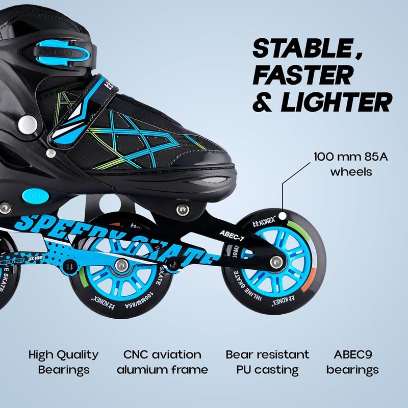 KONEX 3 Wheel Inline Skates | Adjustable PU Wheel Roller Skating Shoes for Boys and Girls (Size Euro 35-38, Blue) - Image 4