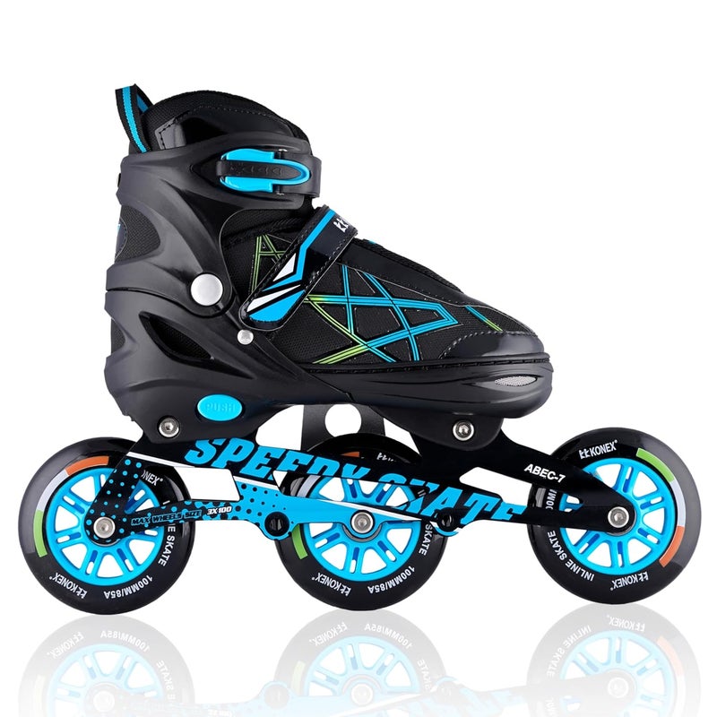 KONEX 3 Wheel Inline Skates | Adjustable PU Wheel Roller Skating Shoes for Boys and Girls (Size Euro 35-38, Blue) - Image 1