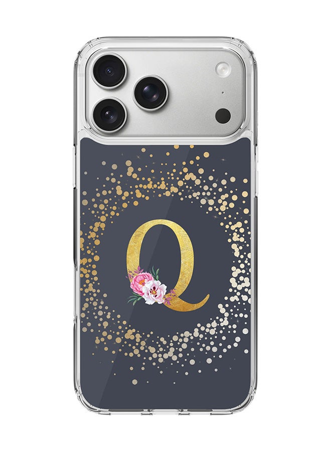 Stylizedd Classic Clear MagSafe Case for iPhone 17 Pro Max , Hybrid Soft Case Flexible Edges Anti Drop TPU PC Gel Thin Transparent Cover [ Designed for iPhone 17 Pro Max ] - Custom Monogram Initial Letter Floral Pattern Alphabet - Q  (Grey )